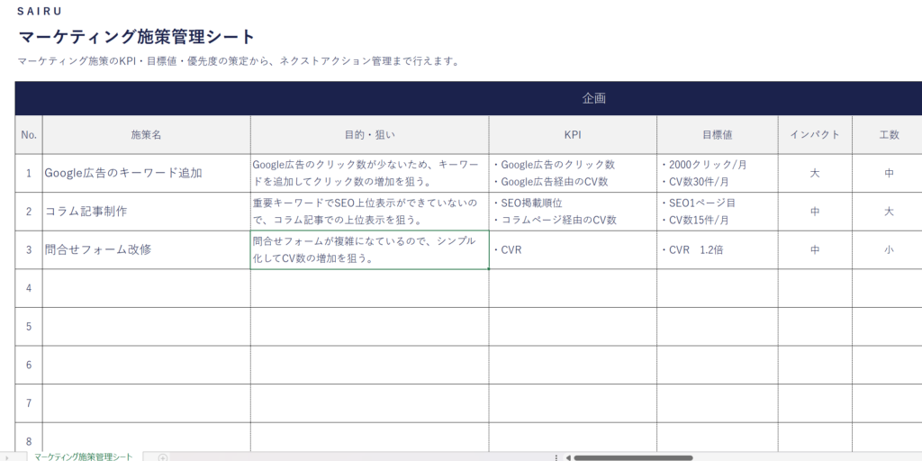 マーケティングの施策管理シート