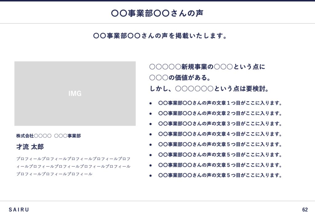 新規事業で取り組もうとしている業界や領域に詳しいメンバーのコメントを載せたスライド