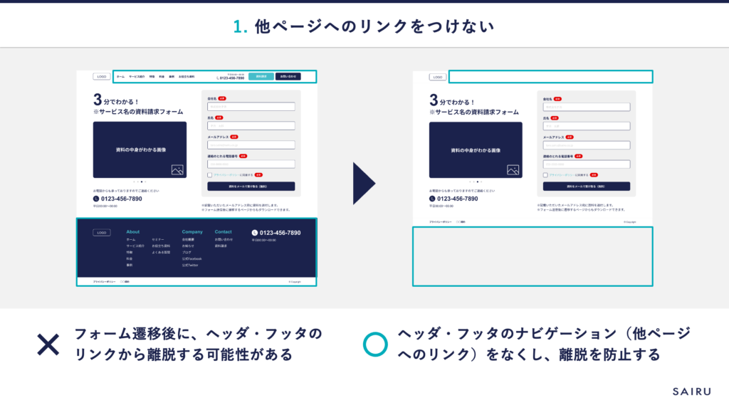 ヘッダ・フッタのナビゲーション（他ページへのリンク）をなくして離脱を防止する