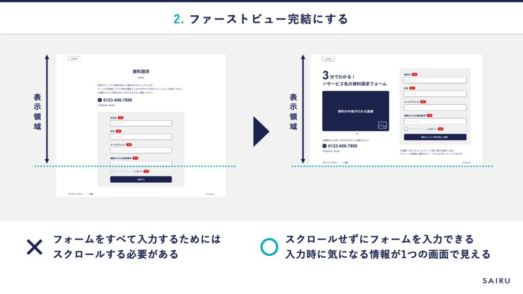 スクロールせずにフォームを入力できる、入力時に気になる情報が1つの画面で見える