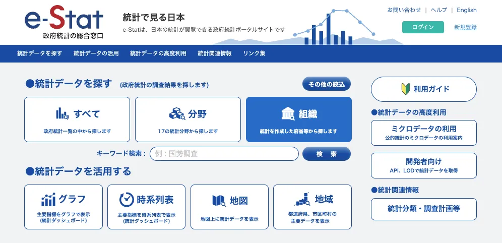 e-Statのトップ画面。分野や組織からデータを検索できるようになっている