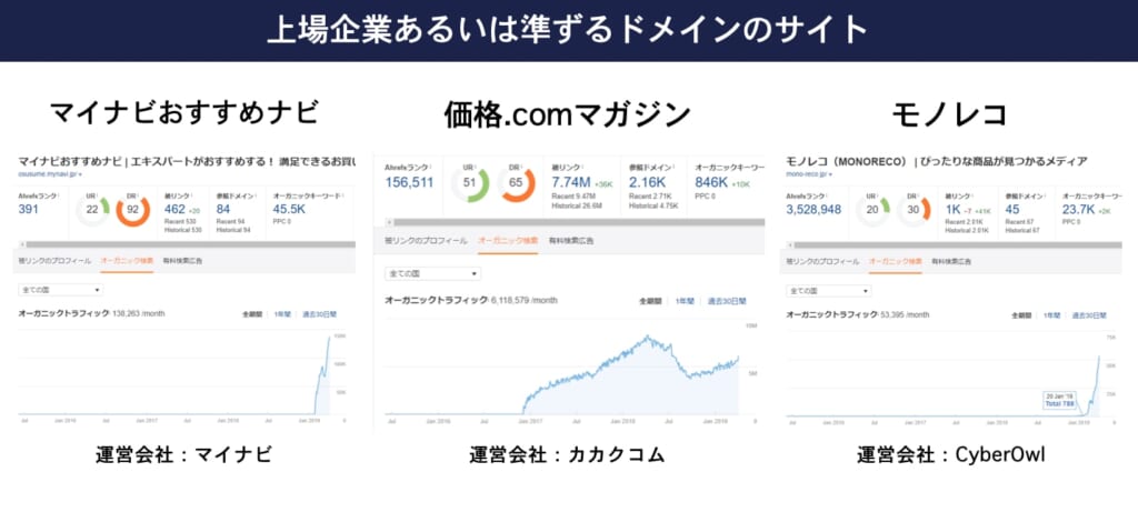 上場企業あるいは準ずるドメインのサイト