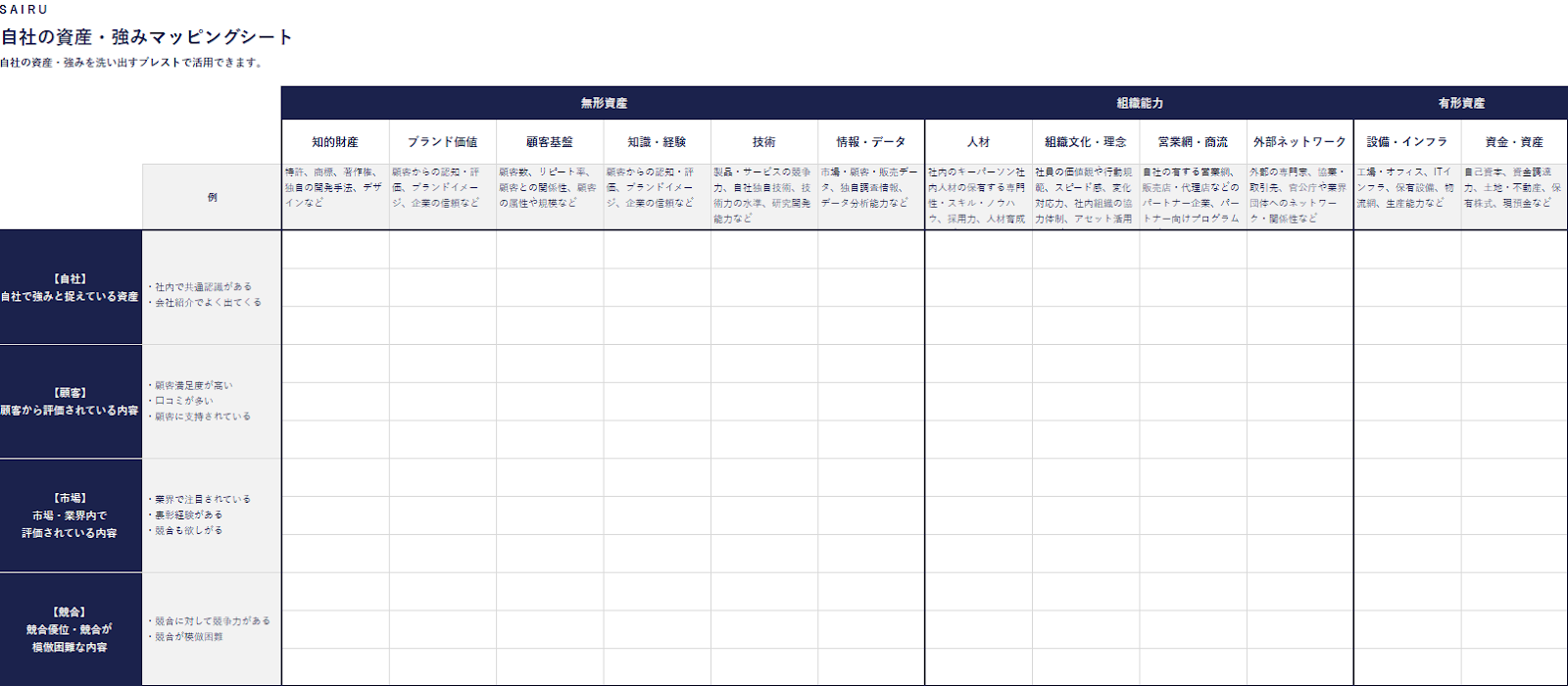 自社の「資産・強み」テンプレート（シート1枚目）マッピングシート